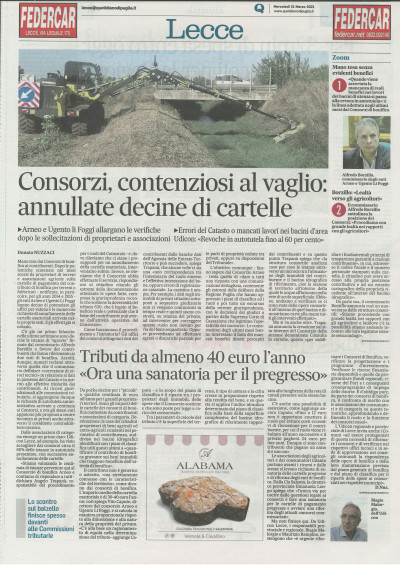 QUOTIDIANO DI LECCE DEL 31 MARZO 2021     -      I TRIBUTI DEI CONSORZI DI BO...